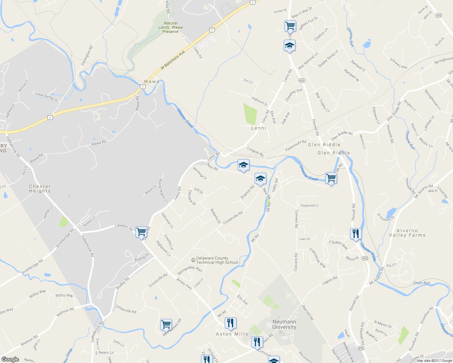 map of restaurants, bars, coffee shops, grocery stores, and more near 1685 Erb Drive in Aston