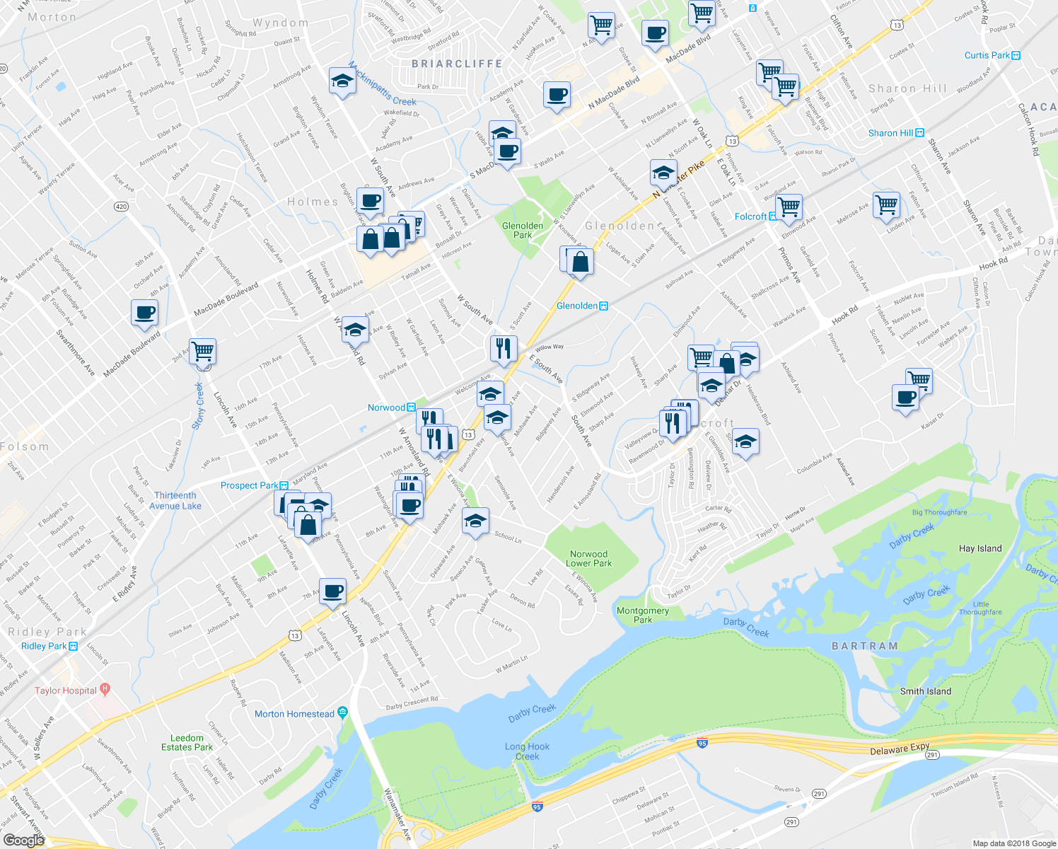 map of restaurants, bars, coffee shops, grocery stores, and more near 128 Mohawk Avenue in Norwood
