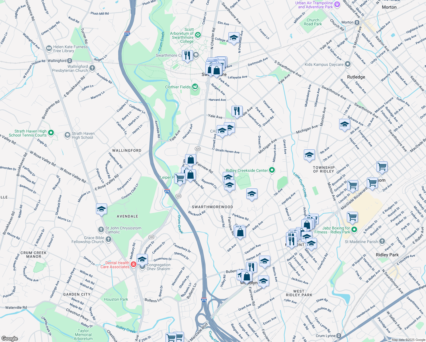 map of restaurants, bars, coffee shops, grocery stores, and more near 525 Fairview Road in Swarthmore