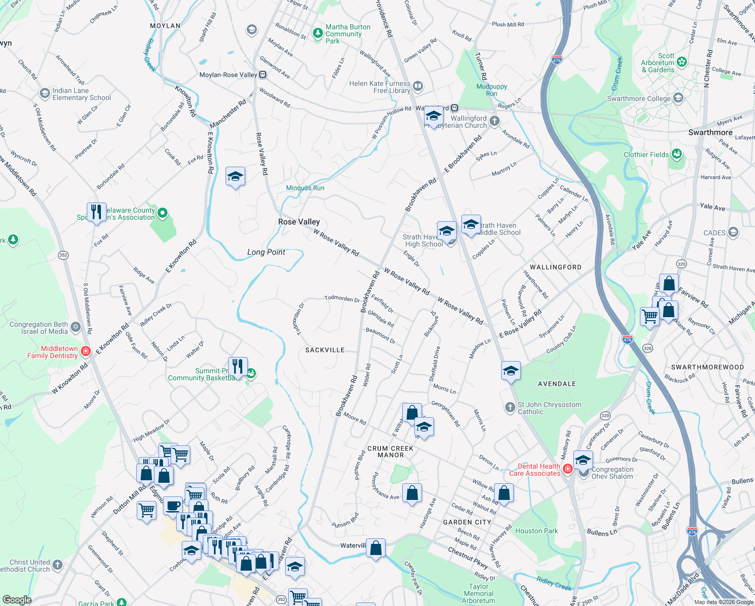 map of restaurants, bars, coffee shops, grocery stores, and more near 205 Fairfield Drive in Nether Providence Township