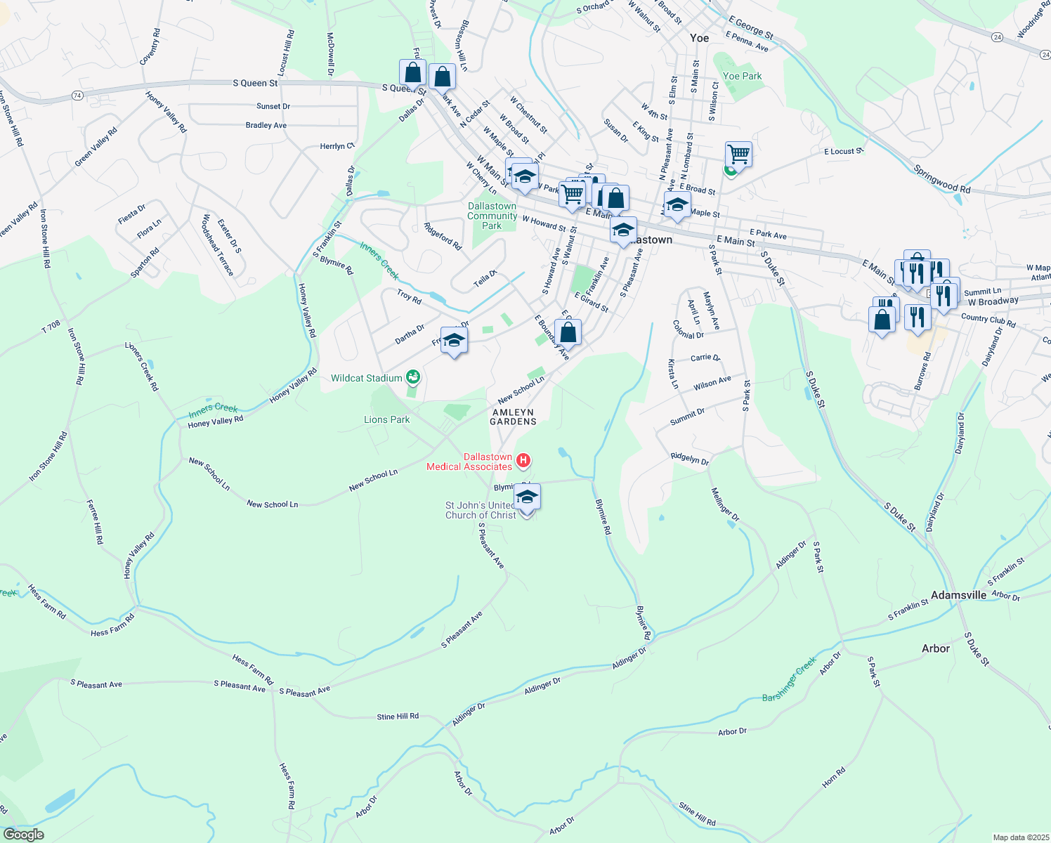 map of restaurants, bars, coffee shops, grocery stores, and more near 645 South Pleasant Avenue in Dallastown