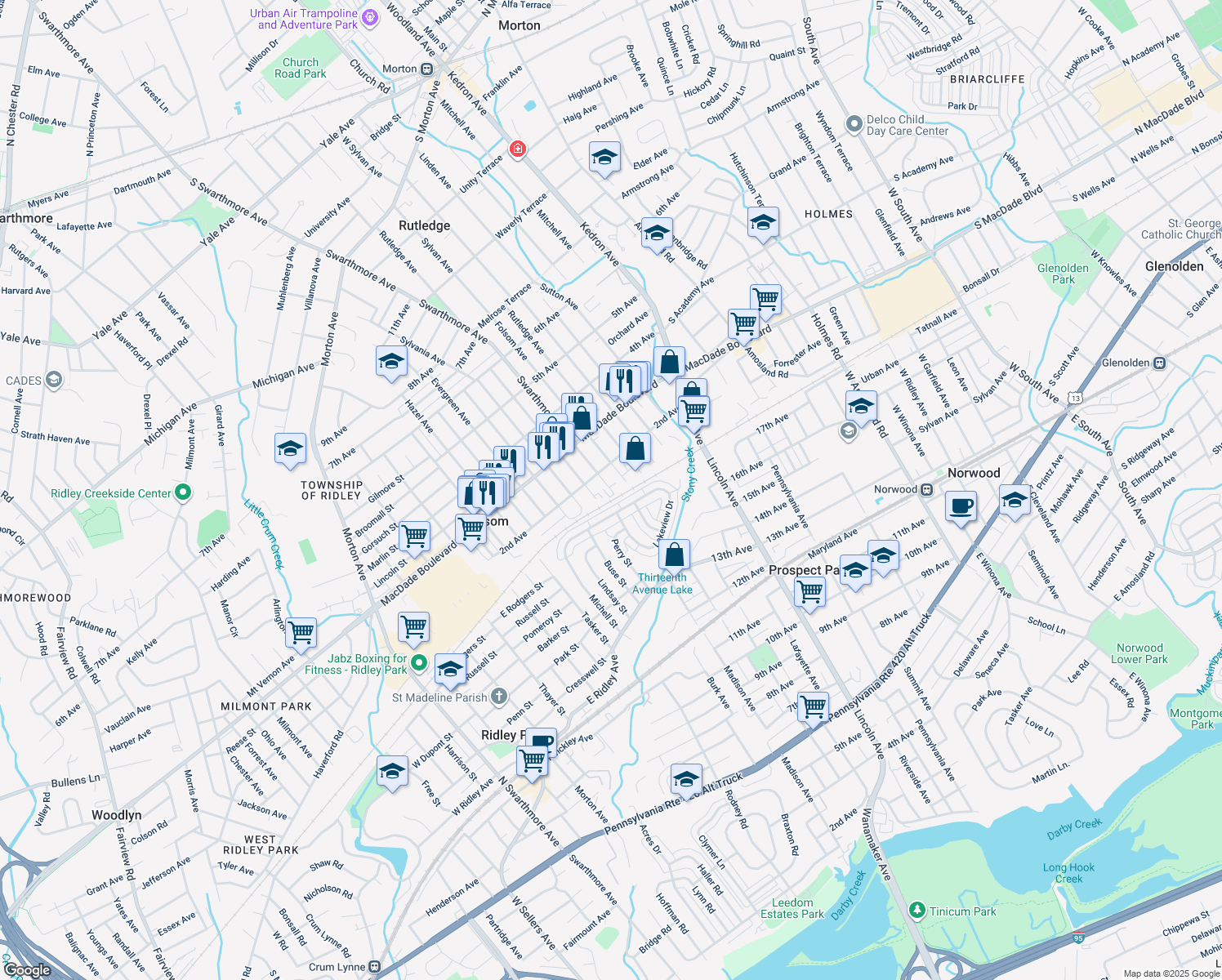 map of restaurants, bars, coffee shops, grocery stores, and more near 121 Swarthmore Avenue in Folsom