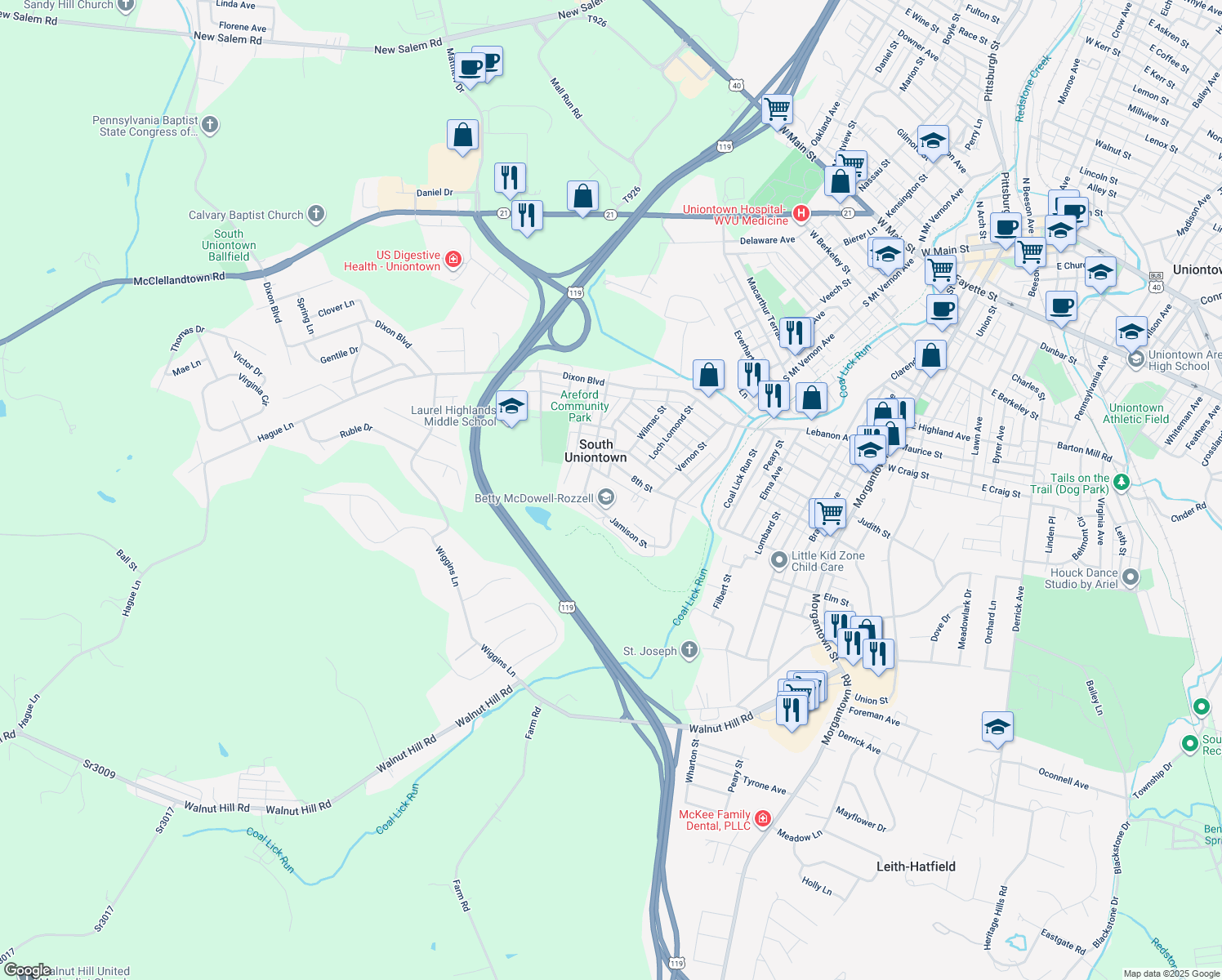 map of restaurants, bars, coffee shops, grocery stores, and more near 83 Camelian Street in Uniontown