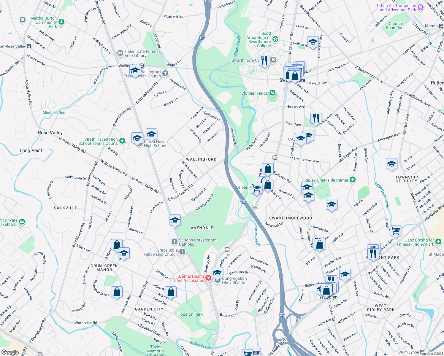 map of restaurants, bars, coffee shops, grocery stores, and more near 506 Oakcrest Lane in Nether Providence Township