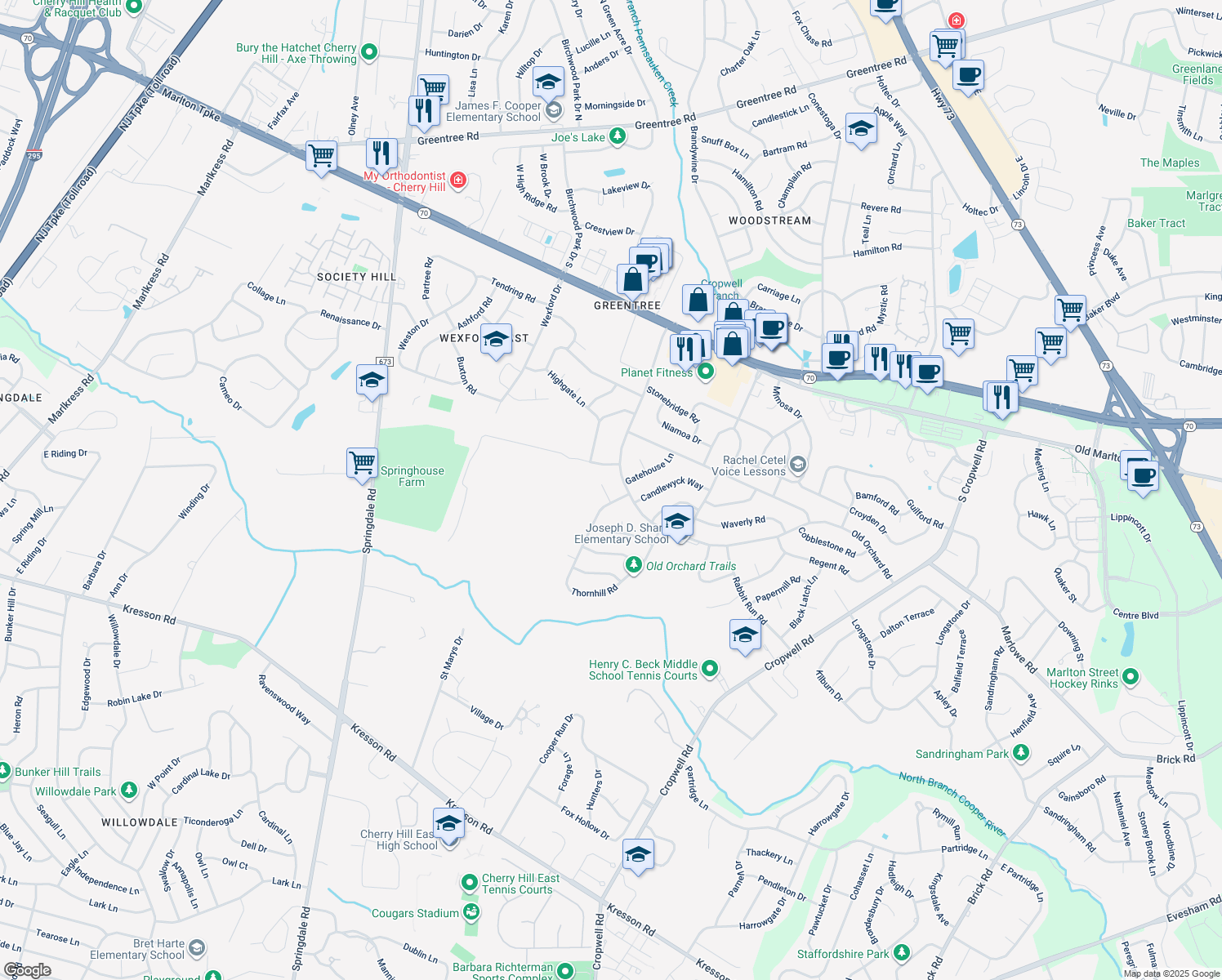 map of restaurants, bars, coffee shops, grocery stores, and more near 4 Anvil Court in Cherry Hill