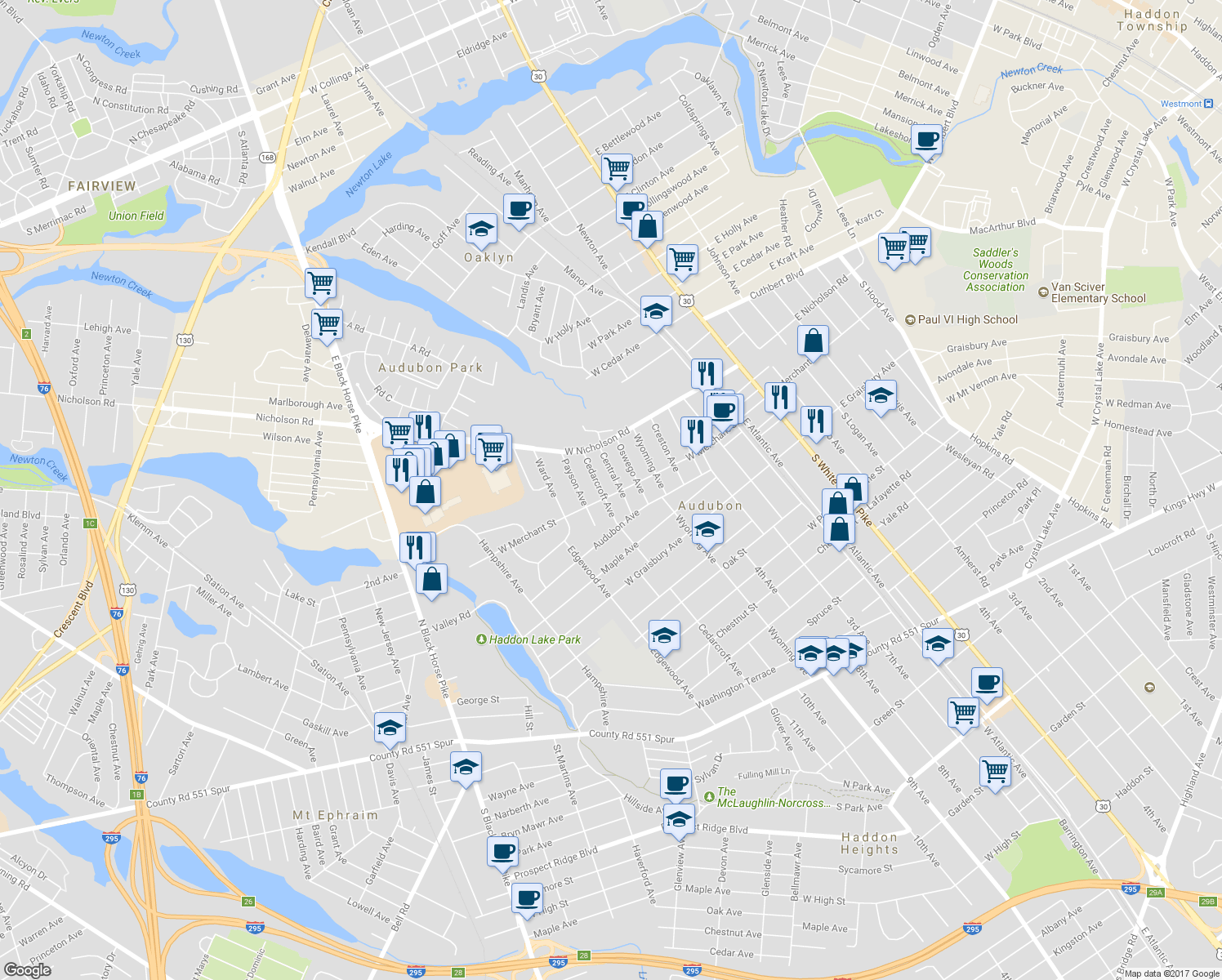 map of restaurants, bars, coffee shops, grocery stores, and more near 345 West Merchant Street in Audubon