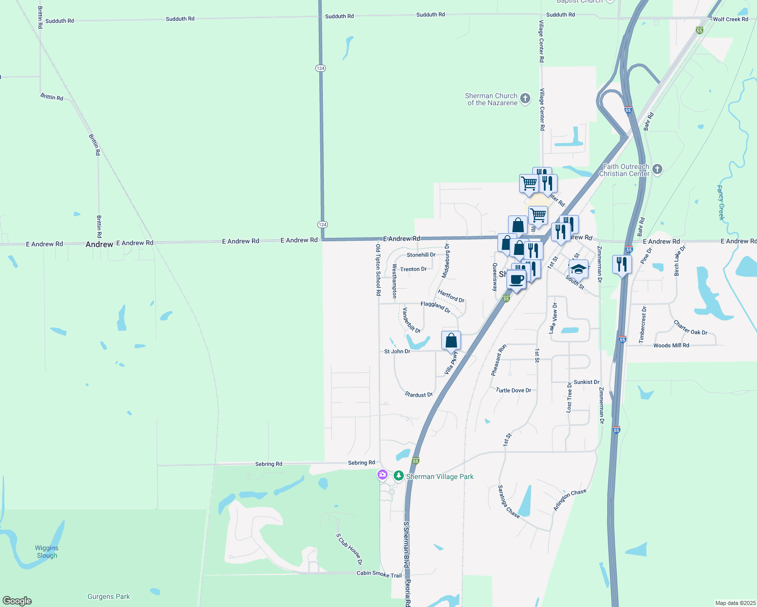 map of restaurants, bars, coffee shops, grocery stores, and more near 412 Old Tipton School Rd in Sherman