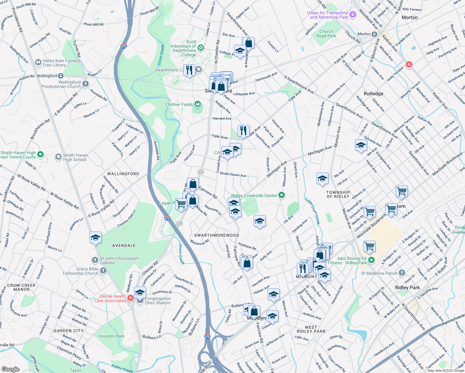 map of restaurants, bars, coffee shops, grocery stores, and more near 544 Westminster Avenue in Swarthmore