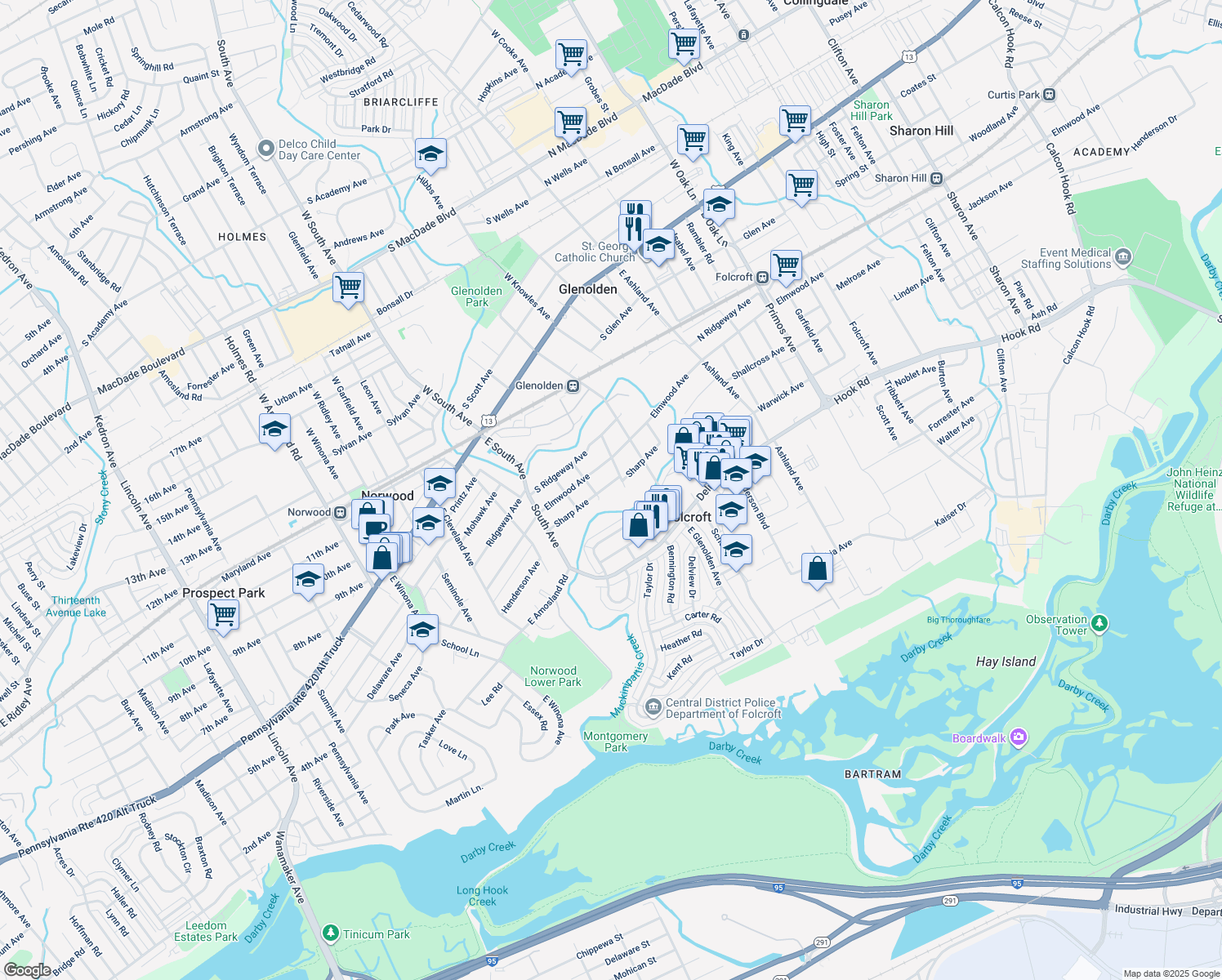 map of restaurants, bars, coffee shops, grocery stores, and more near 407 Sharp Avenue in Glenolden