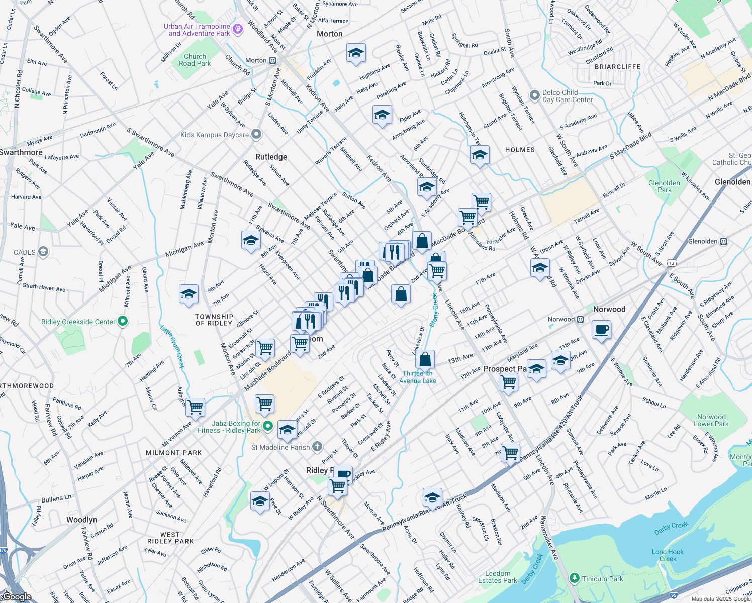 map of restaurants, bars, coffee shops, grocery stores, and more near 210 Swarthmore Avenue in Folsom