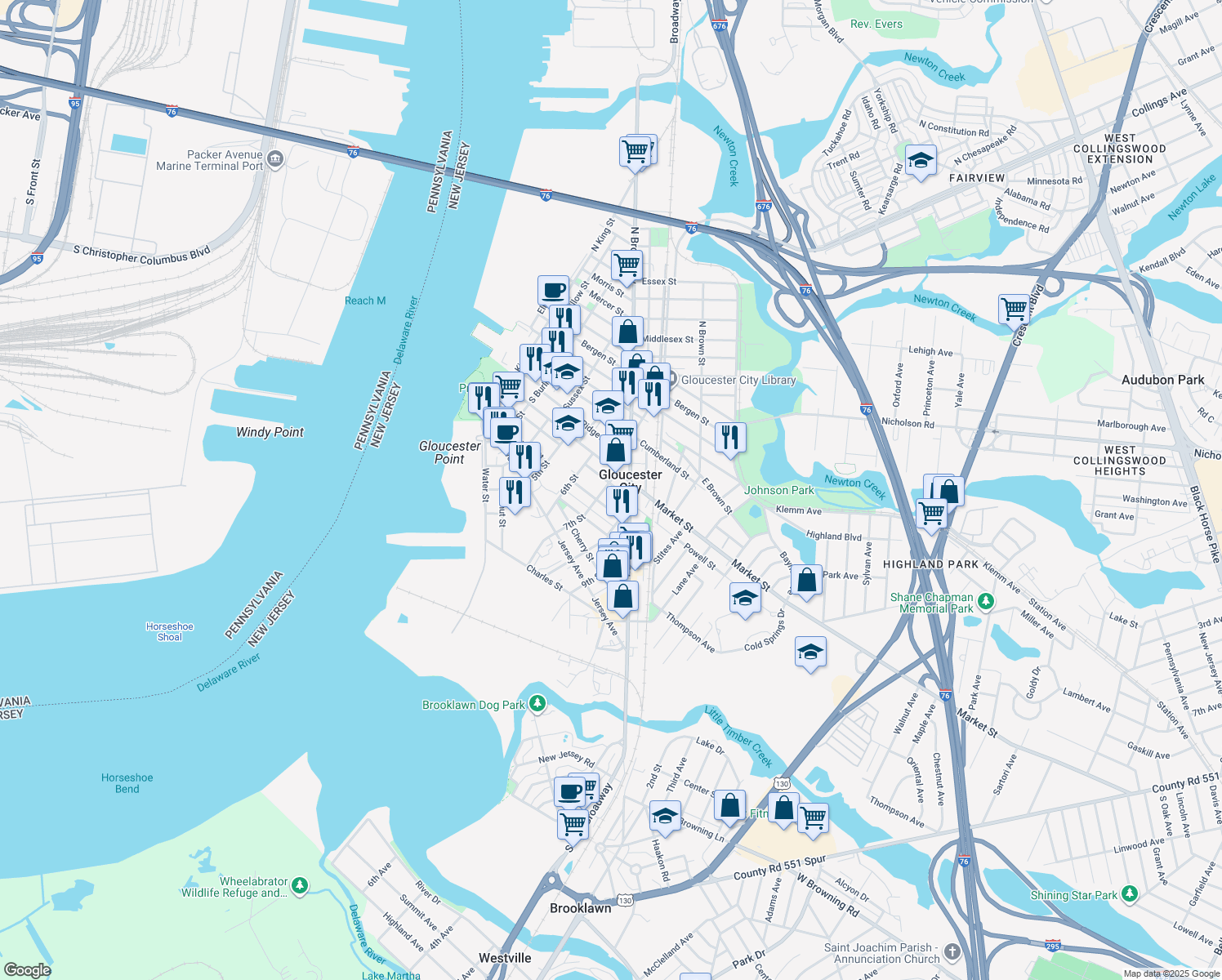 map of restaurants, bars, coffee shops, grocery stores, and more near 706 Powell Street in Gloucester City