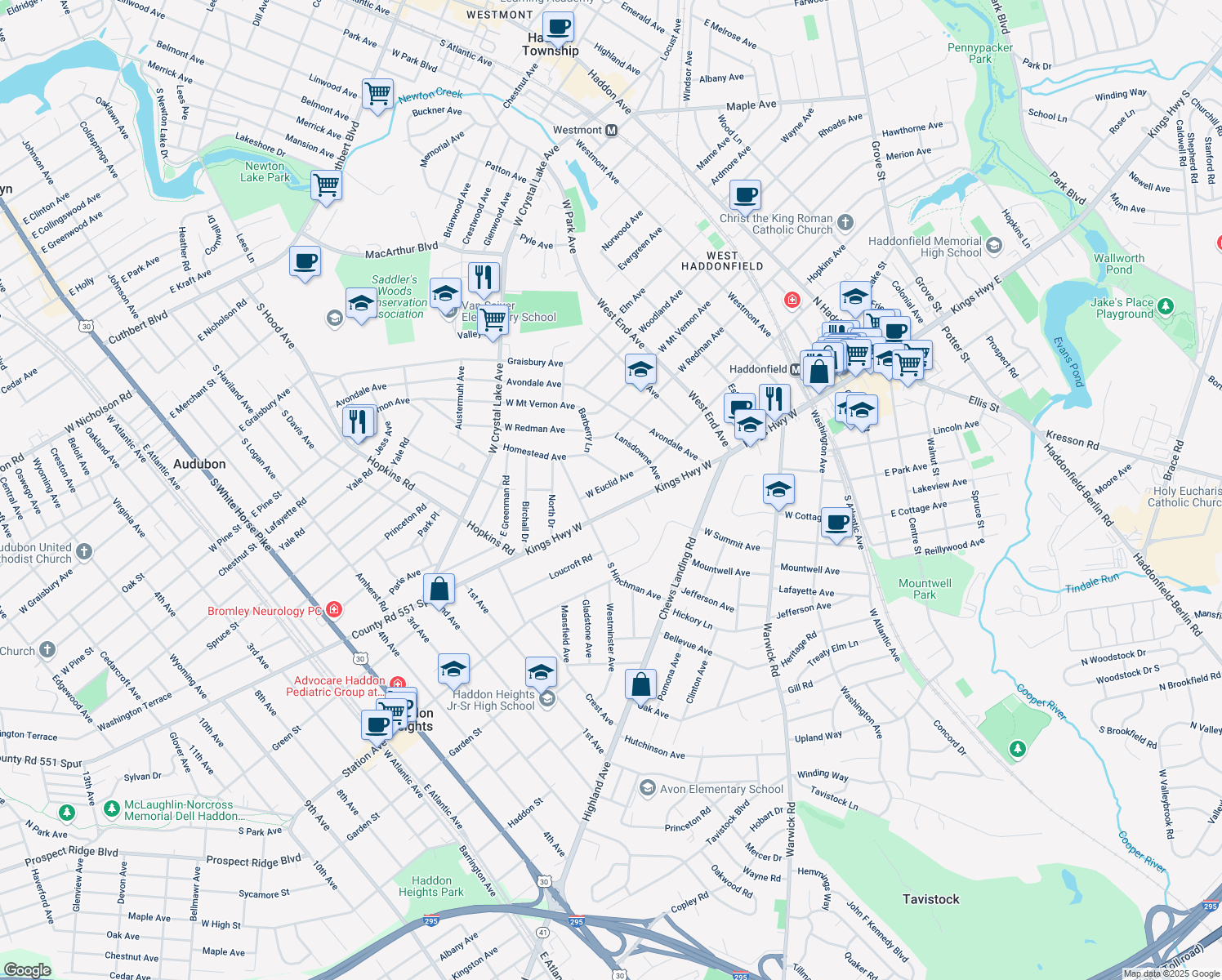 map of restaurants, bars, coffee shops, grocery stores, and more near 444 West Euclid Avenue in Haddonfield
