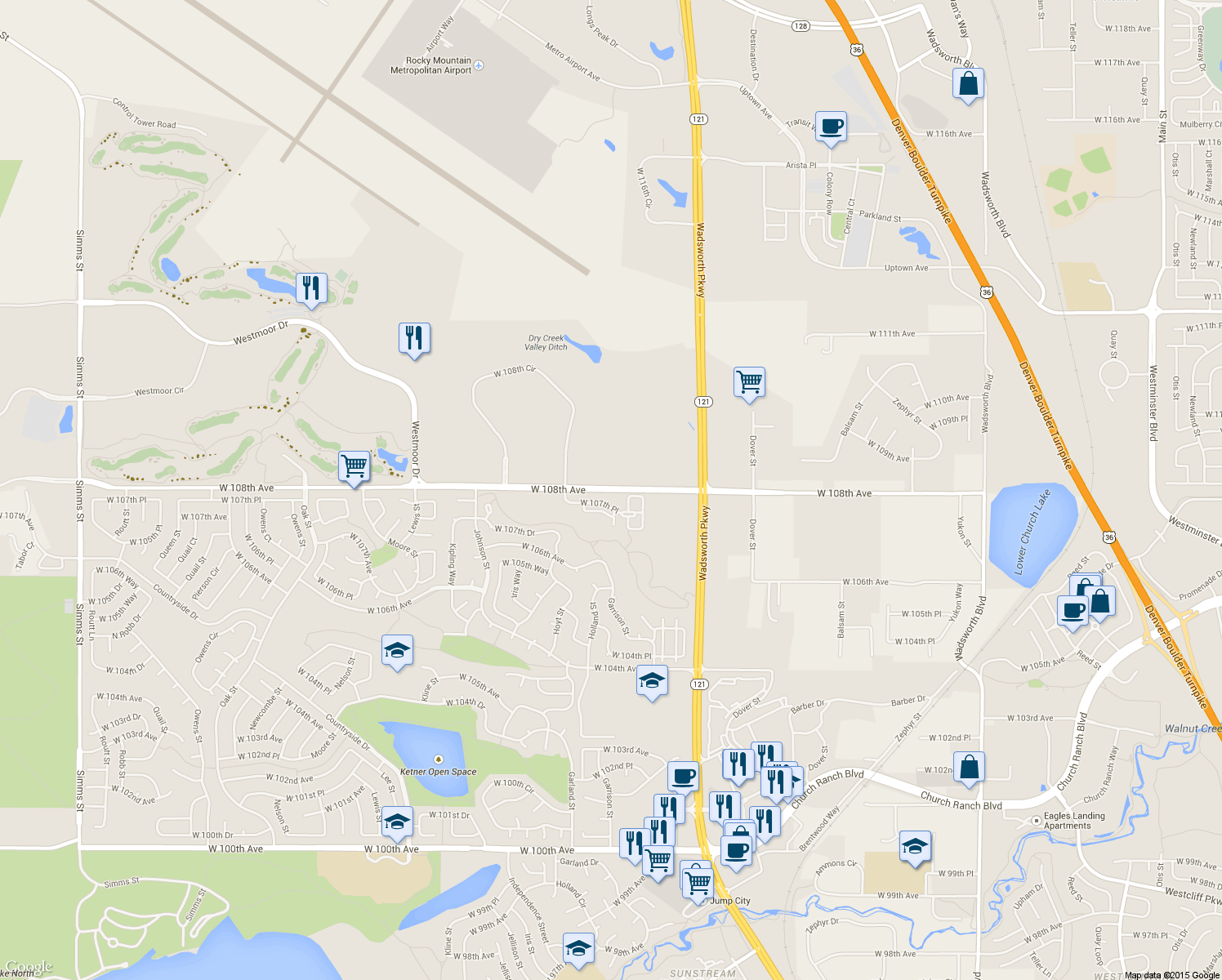 map of restaurants, bars, coffee shops, grocery stores, and more near 9198 W 108th Ave in Westminster