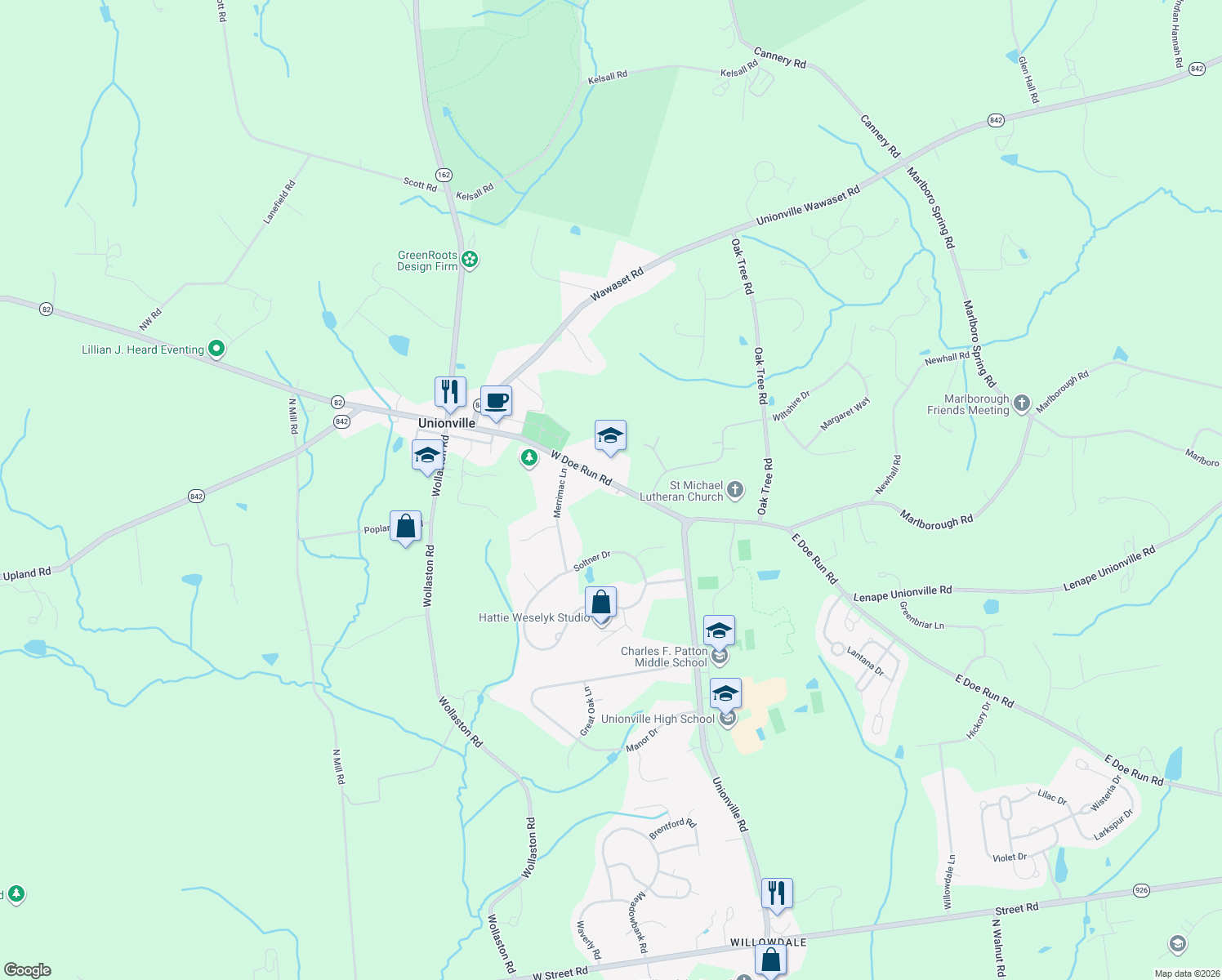 map of restaurants, bars, coffee shops, grocery stores, and more near 1778 West Doe Run Road in Kennett Square