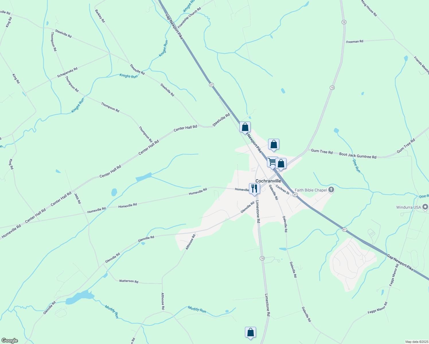 map of restaurants, bars, coffee shops, grocery stores, and more near 495 Homeville Road in Cochranville
