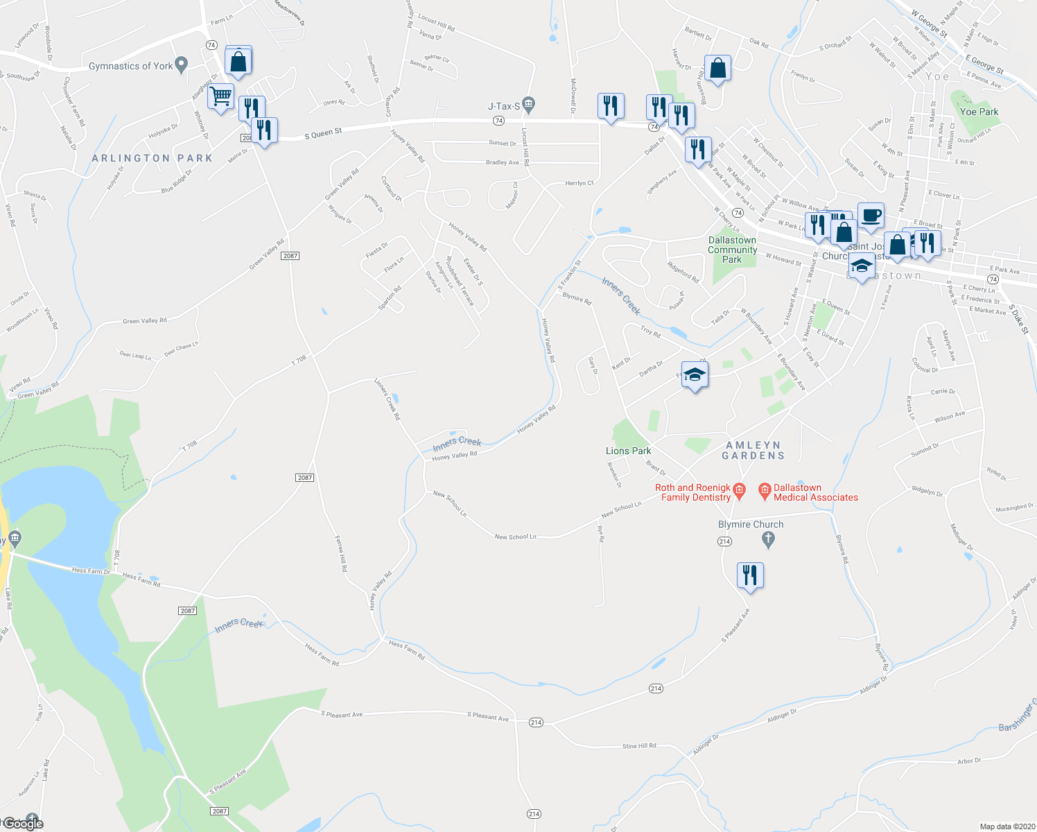 map of restaurants, bars, coffee shops, grocery stores, and more near 3150 Honey Valley Road in Dallastown