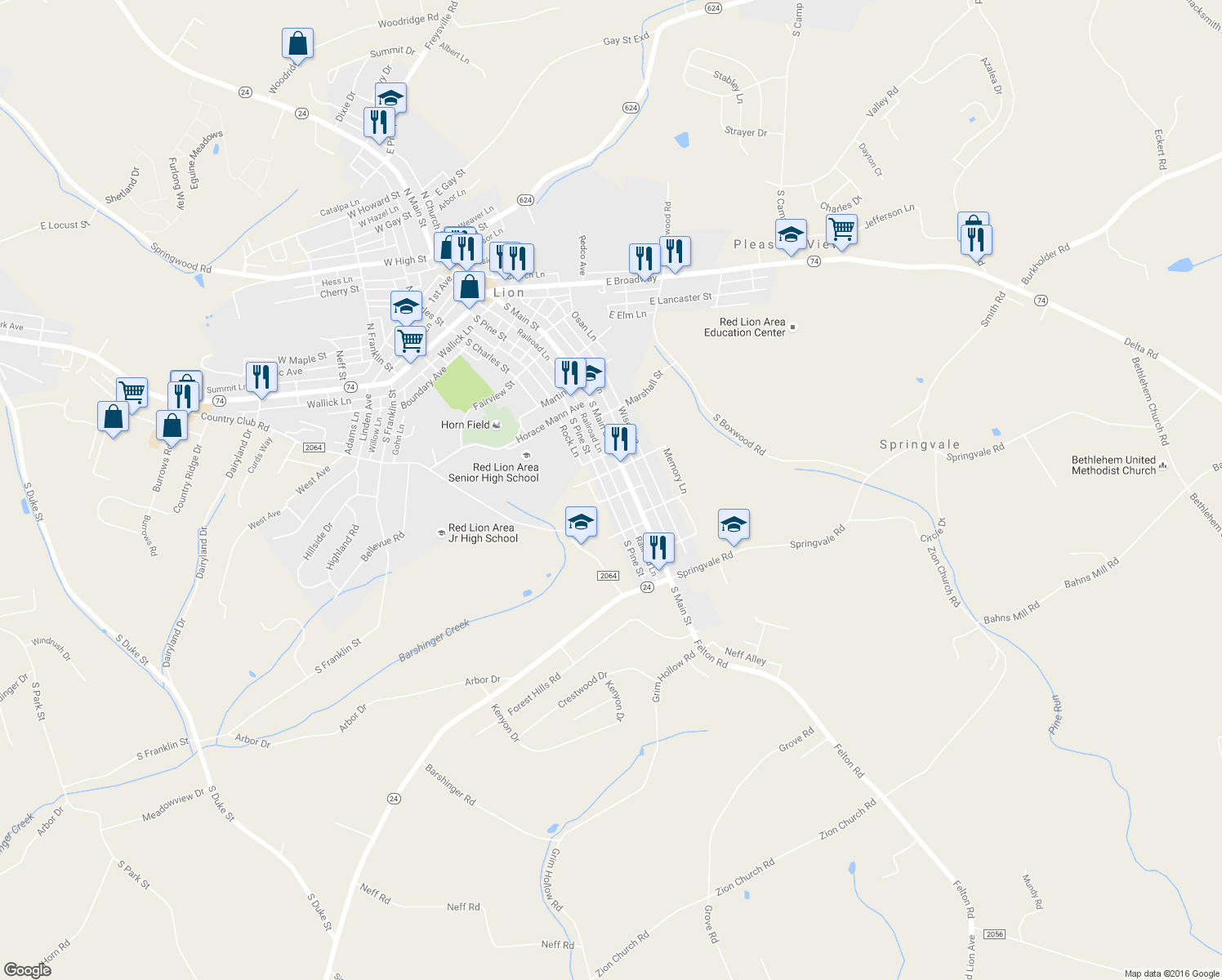 map of restaurants, bars, coffee shops, grocery stores, and more near 615 South Pine Street in Red Lion