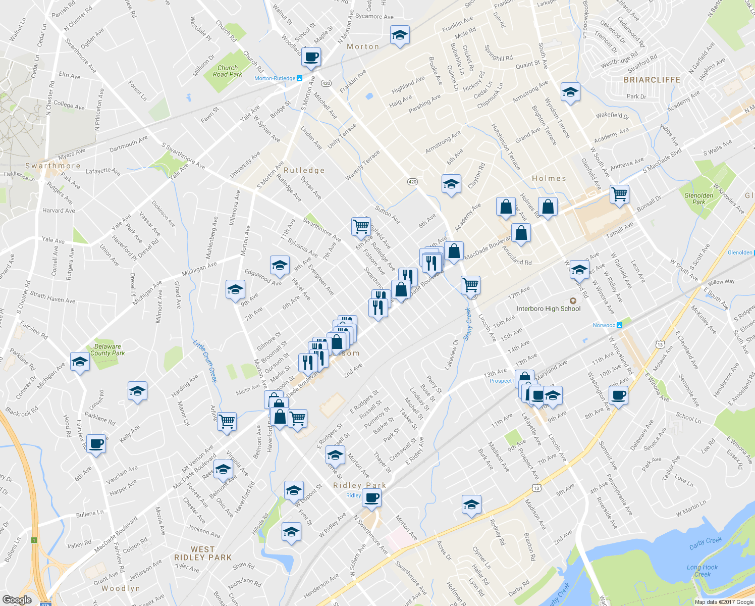 map of restaurants, bars, coffee shops, grocery stores, and more near 325 Ridley Avenue in Folsom