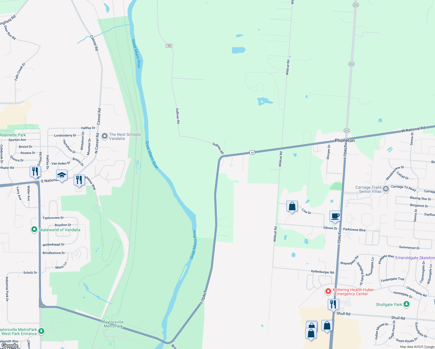 map of restaurants, bars, coffee shops, grocery stores, and more near 2317-2599 West National Road in Tipp City