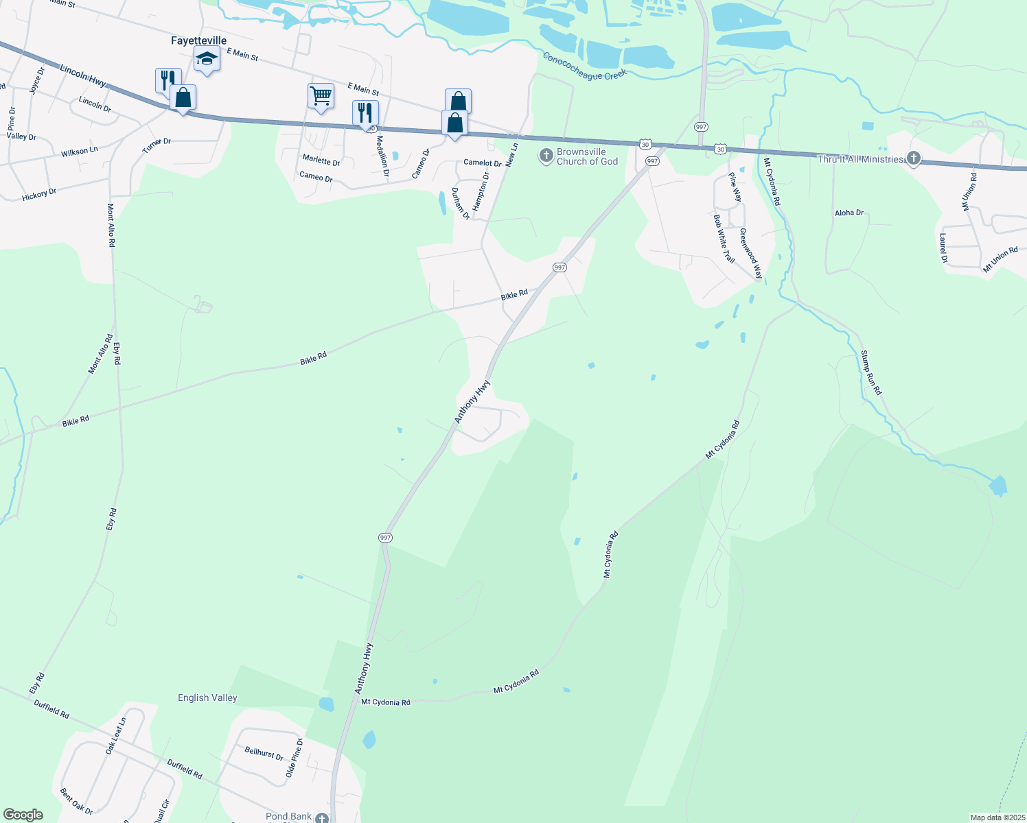map of restaurants, bars, coffee shops, grocery stores, and more near Blue Mountain Drive in Waynesboro