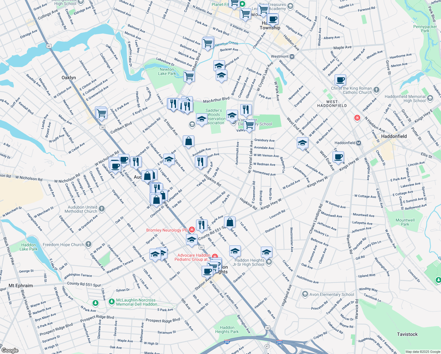 map of restaurants, bars, coffee shops, grocery stores, and more near 279 Crystal Terrace in Haddonfield