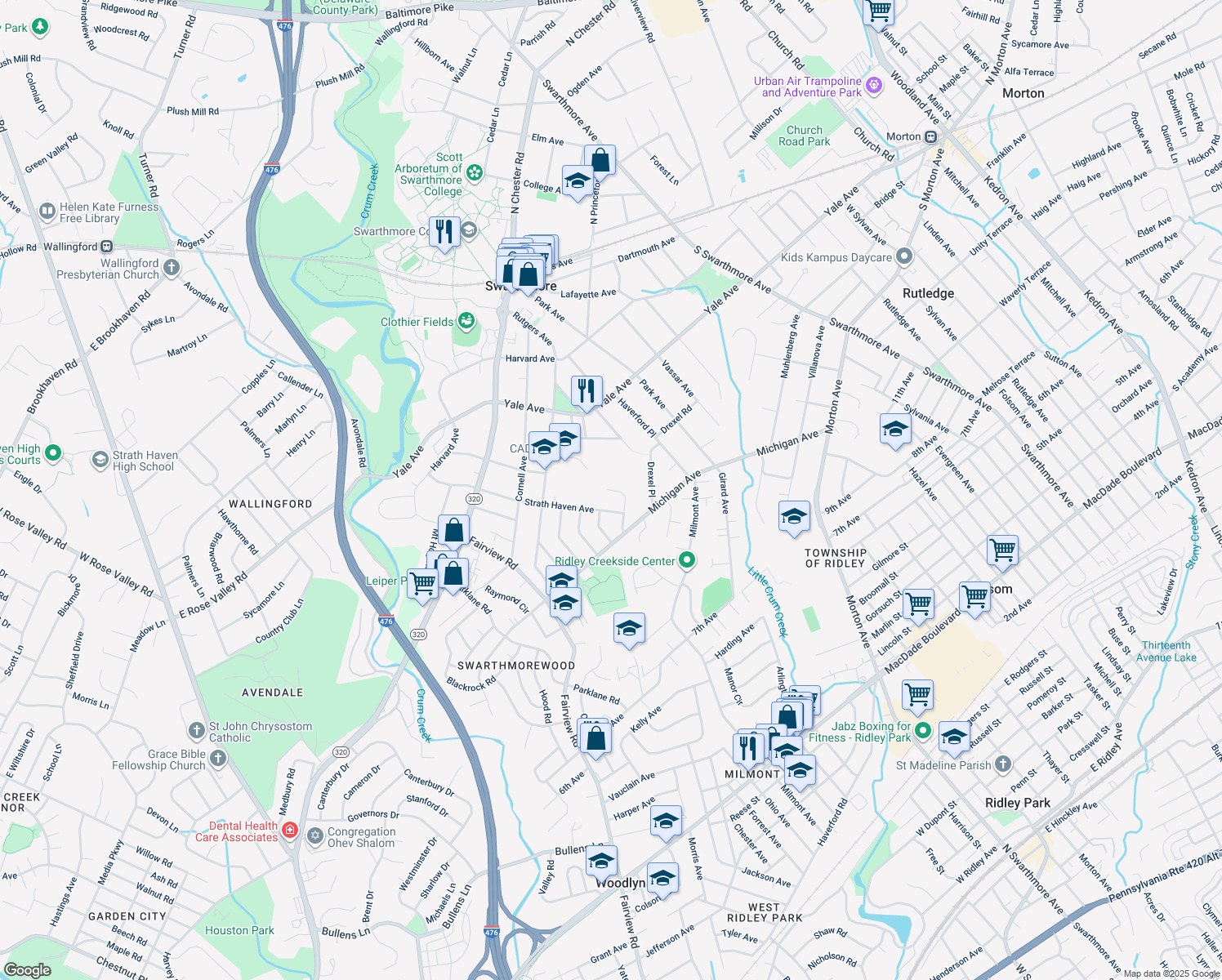 map of restaurants, bars, coffee shops, grocery stores, and more near 404 Drew Ave in Swarthmore