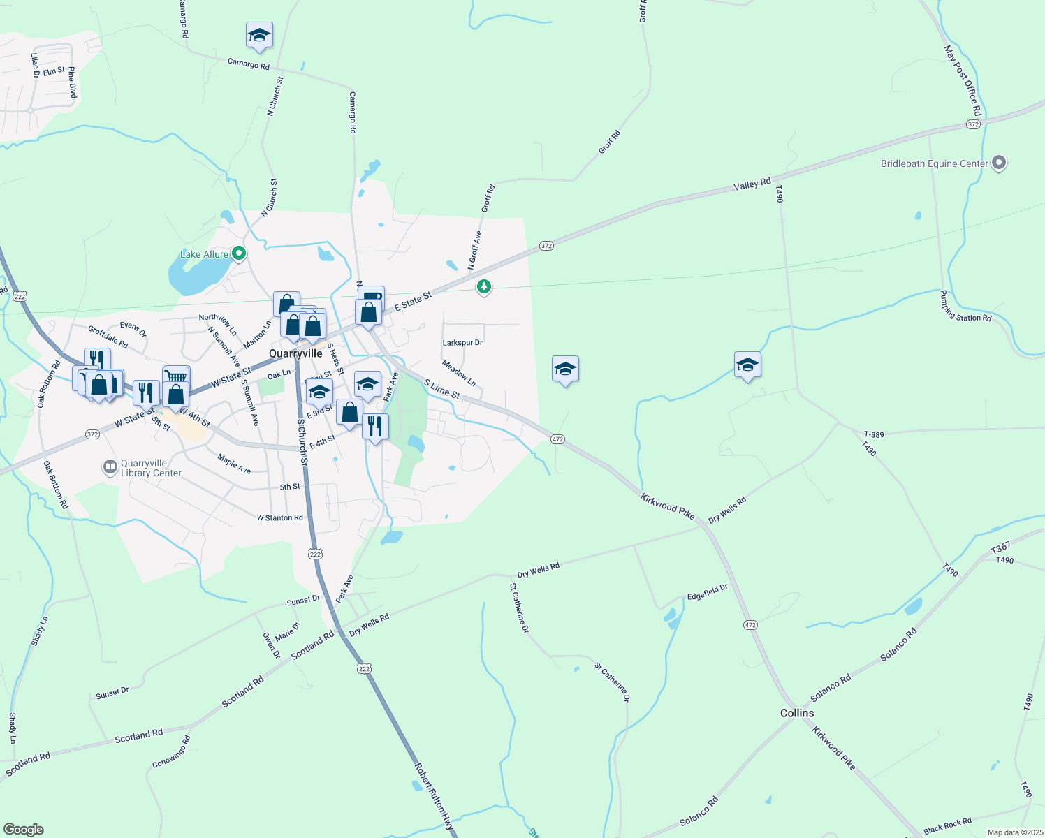map of restaurants, bars, coffee shops, grocery stores, and more near 252 South Lime Street in Quarryville
