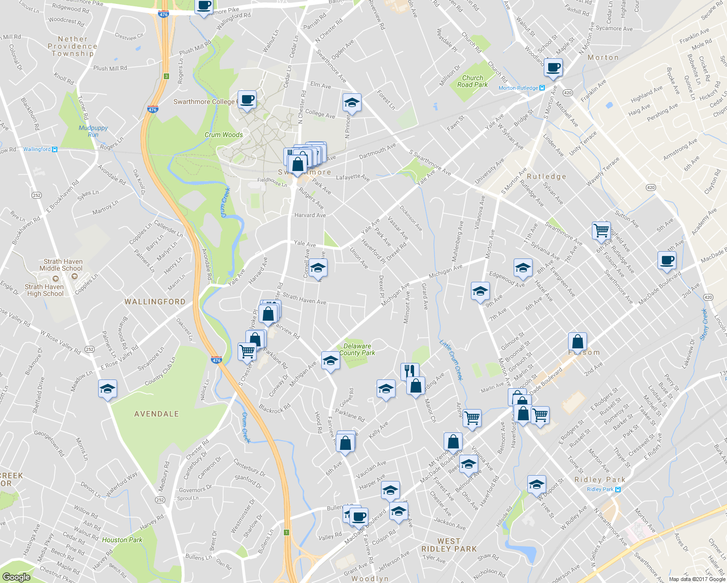 map of restaurants, bars, coffee shops, grocery stores, and more near 415 Drew Avenue in Swarthmore