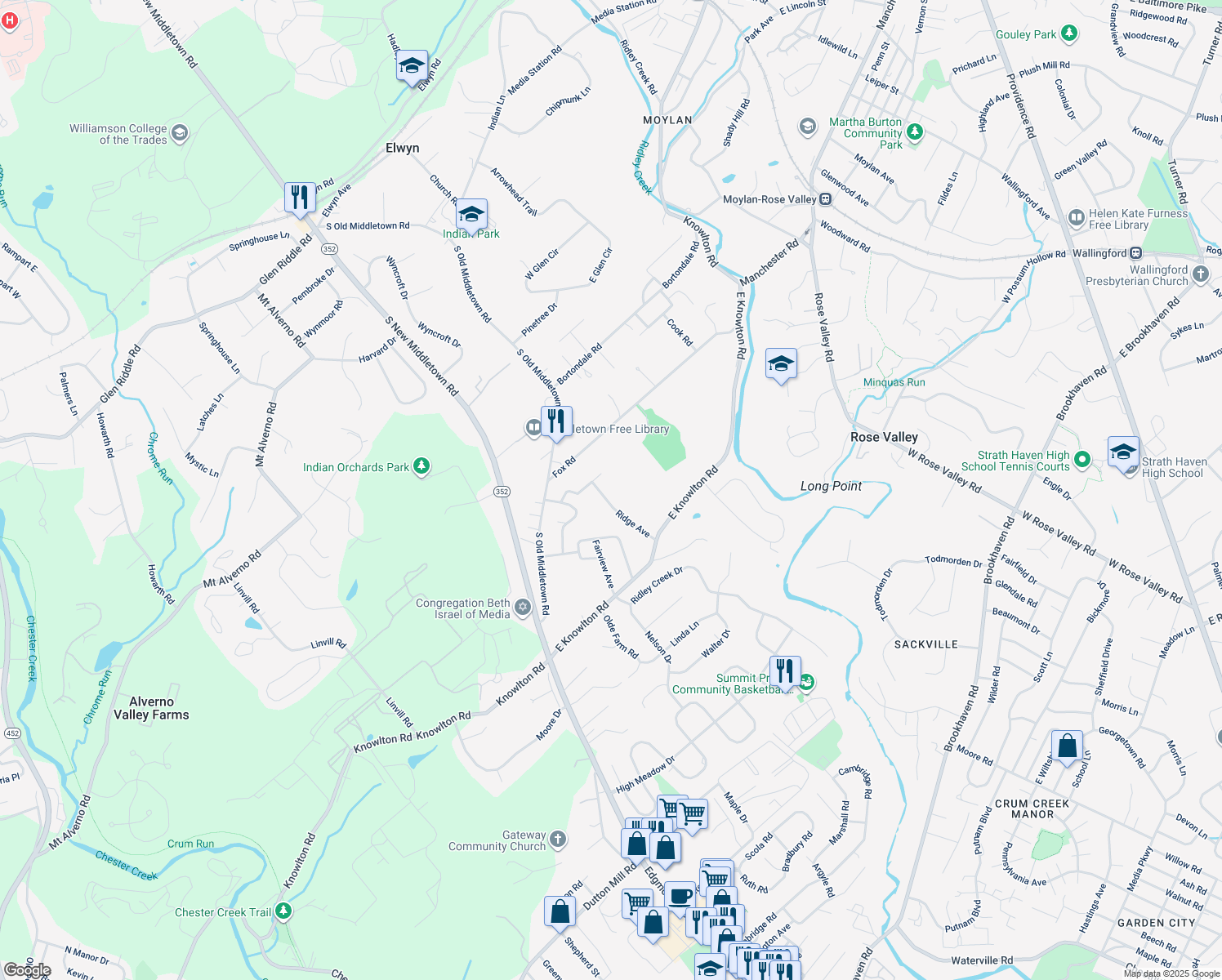 map of restaurants, bars, coffee shops, grocery stores, and more near 511 Ridge Avenue in Media