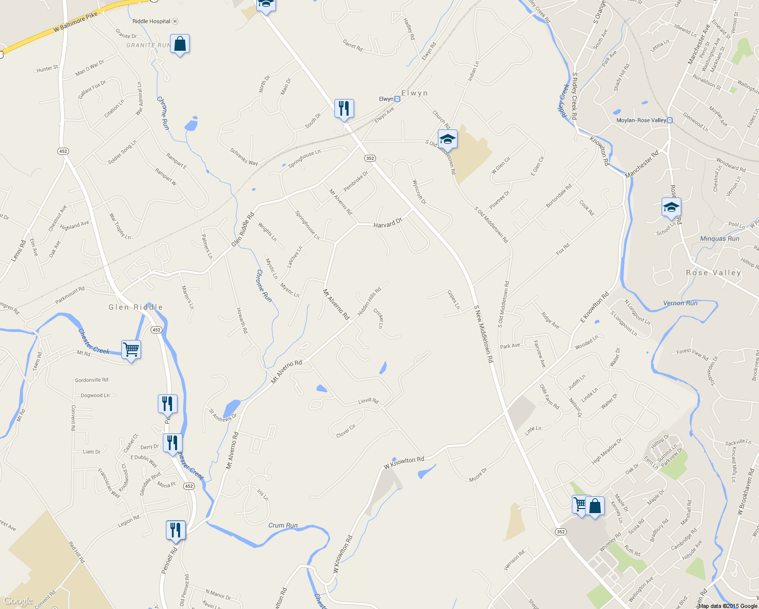 map of restaurants, bars, coffee shops, grocery stores, and more near 450 Cricket Lane in Media