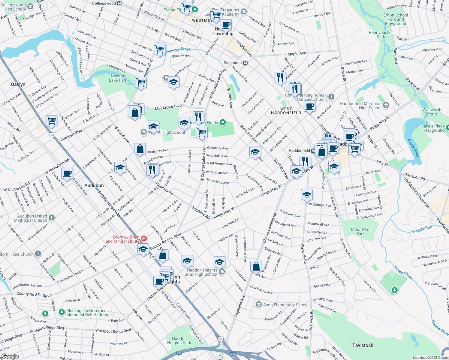 map of restaurants, bars, coffee shops, grocery stores, and more near 305 Homestead Avenue in Haddonfield