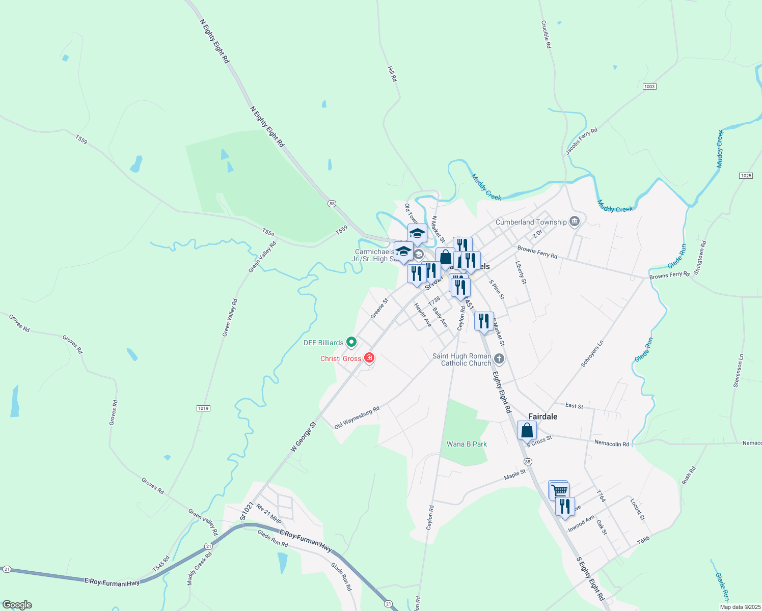 map of restaurants, bars, coffee shops, grocery stores, and more near 433 West Greene Street in Carmichaels