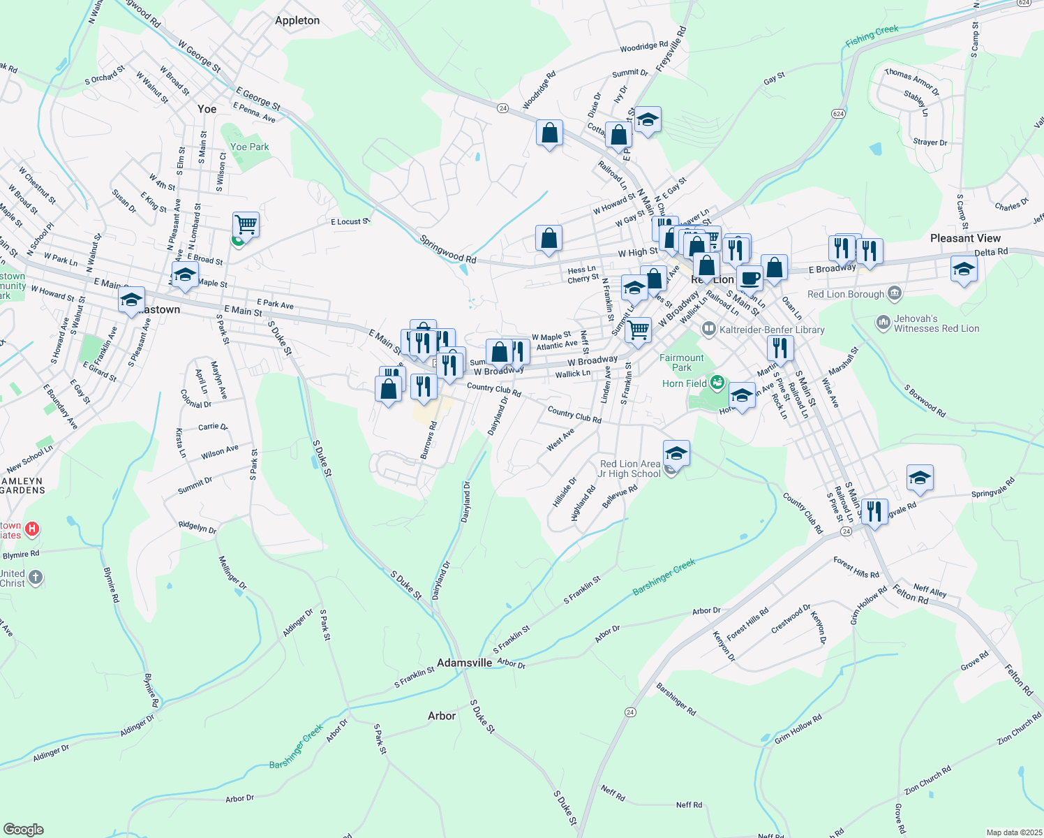 map of restaurants, bars, coffee shops, grocery stores, and more near 125 Curds Way in Red Lion