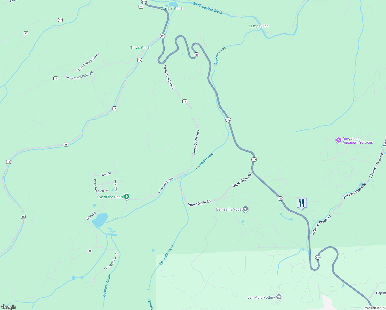 map of restaurants, bars, coffee shops, grocery stores, and more near 447 Bobcat Trail in Black Hawk