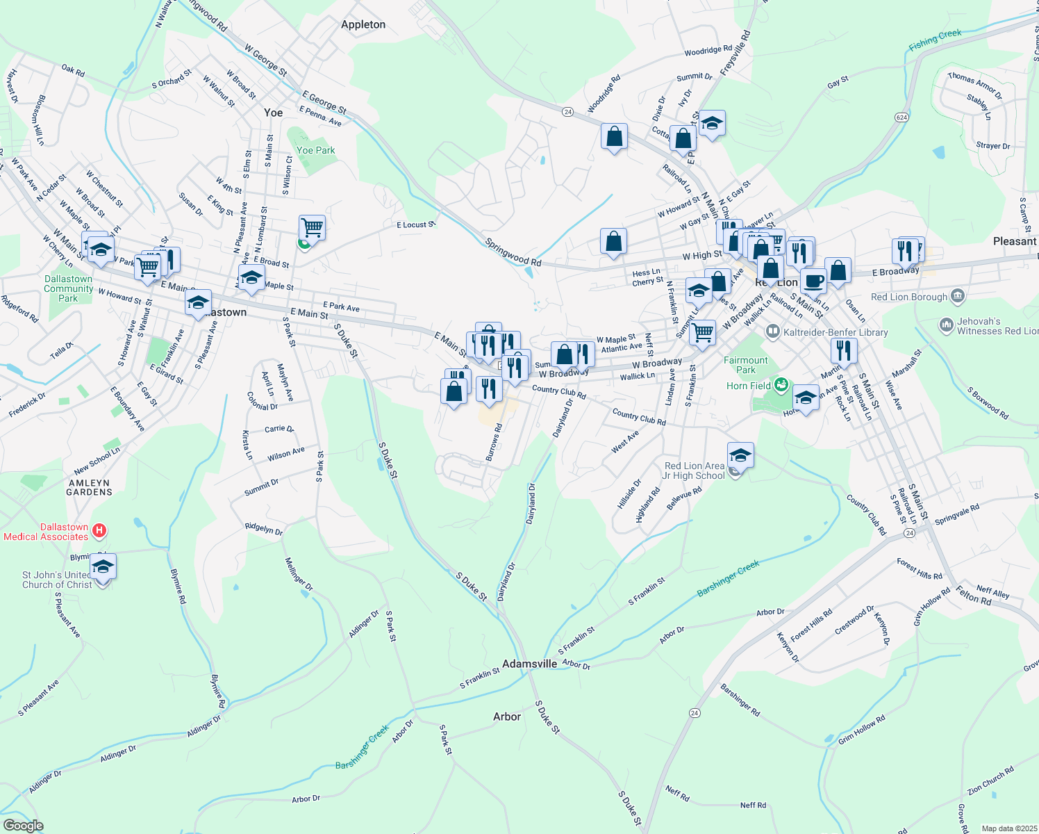 map of restaurants, bars, coffee shops, grocery stores, and more near 126 Country Ridge Drive in Red Lion