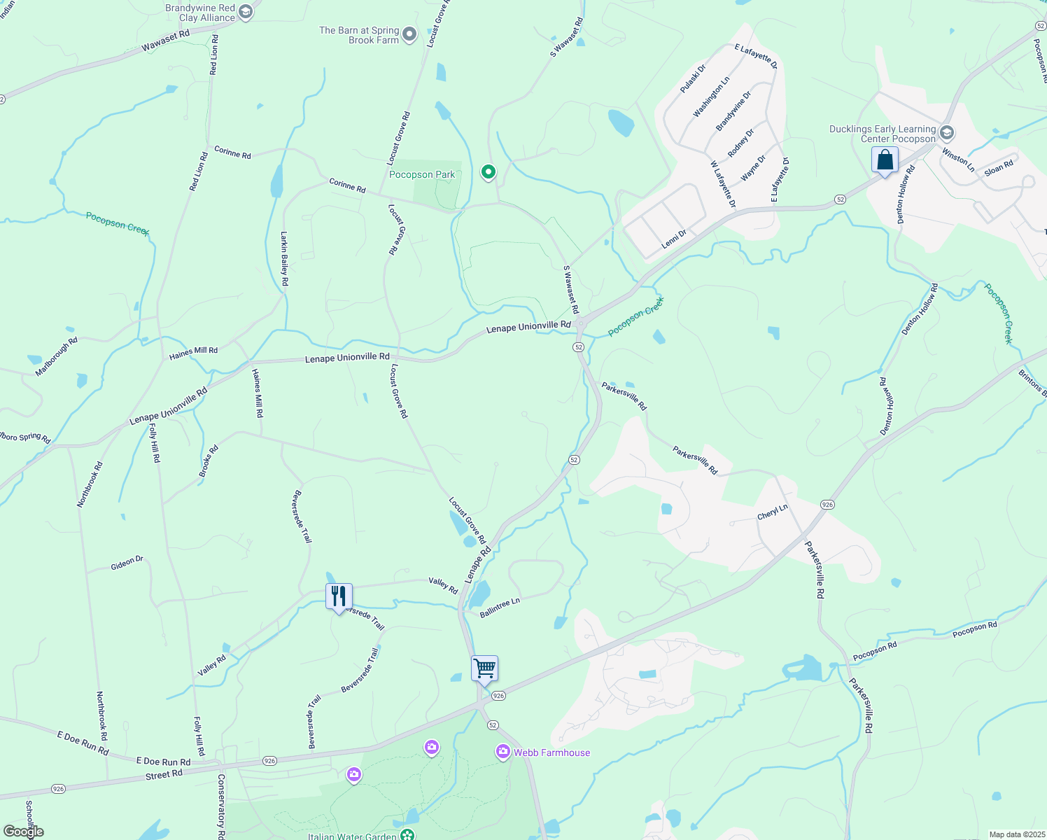 map of restaurants, bars, coffee shops, grocery stores, and more near 1 Deblyn V Lane in West Chester