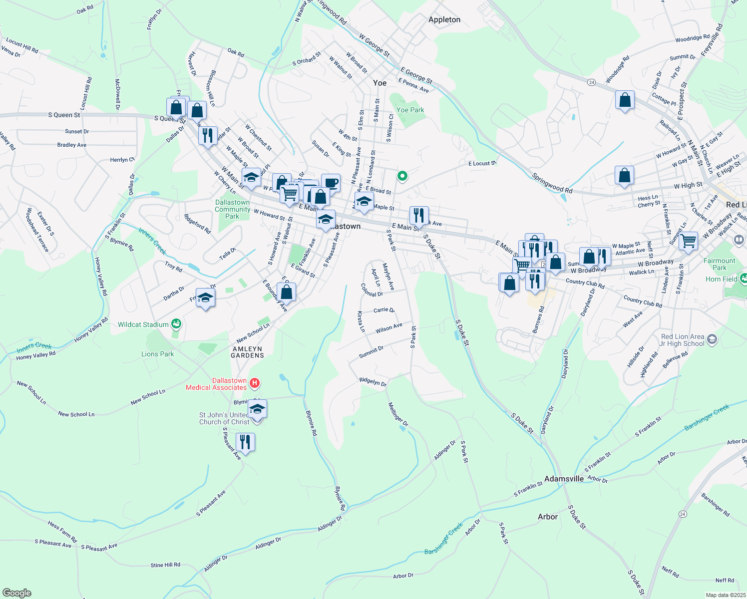 map of restaurants, bars, coffee shops, grocery stores, and more near 641 Colonial Drive in Dallastown