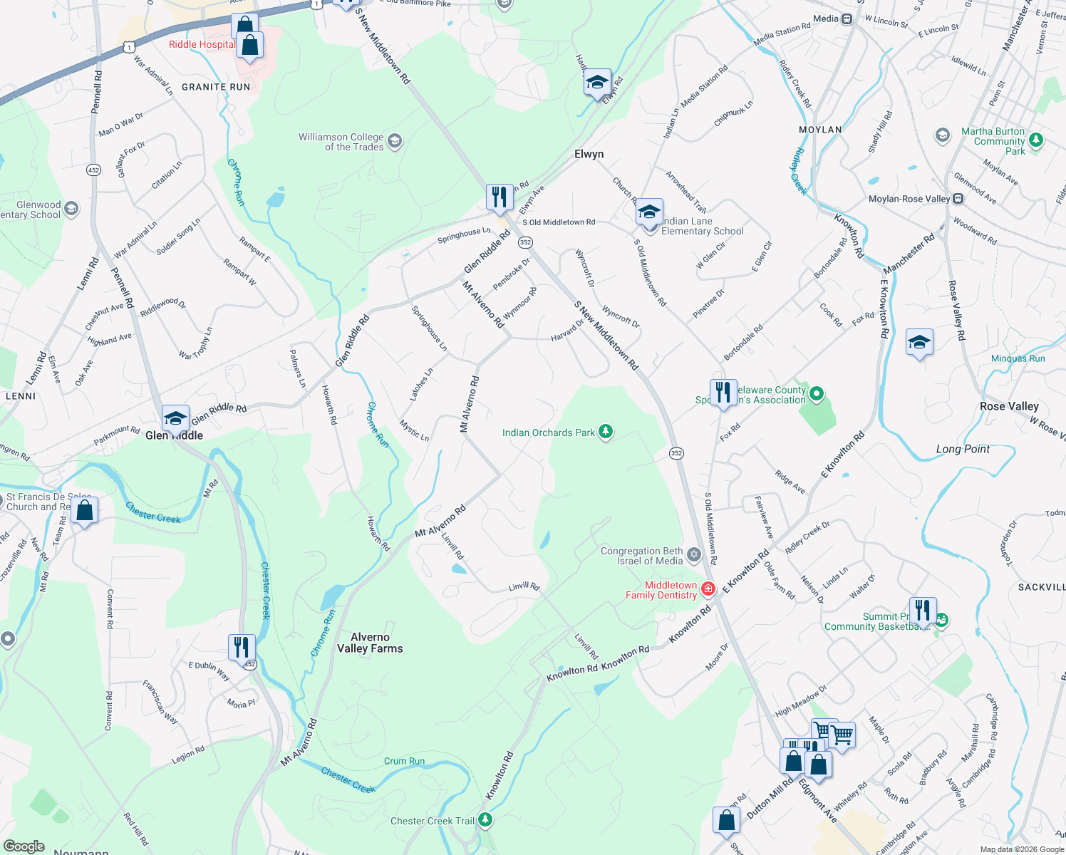 map of restaurants, bars, coffee shops, grocery stores, and more near 155 Hidden Hills Road in Media
