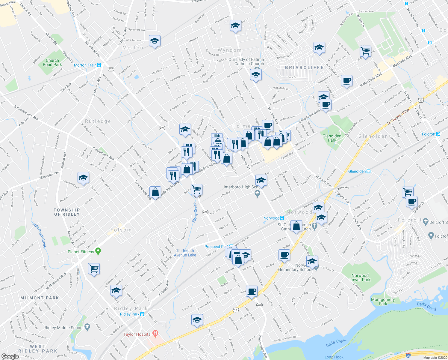 map of restaurants, bars, coffee shops, grocery stores, and more near 127 Talbot Avenue in Holmes