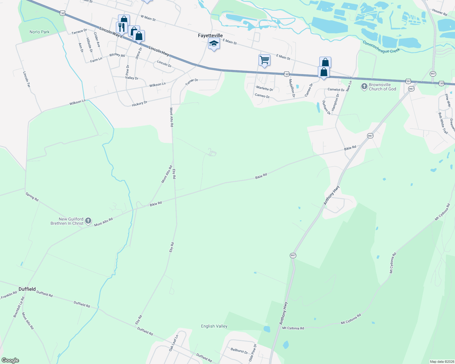 map of restaurants, bars, coffee shops, grocery stores, and more near 5697 Bikle Road in Chambersburg