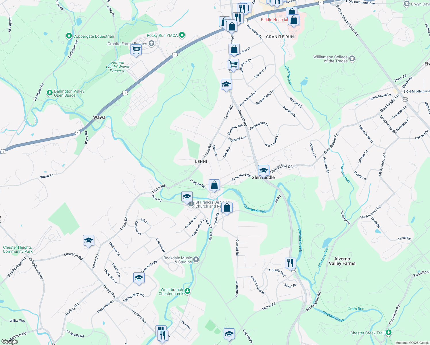 map of restaurants, bars, coffee shops, grocery stores, and more near 13 Reservation Trail in Glen Riddle
