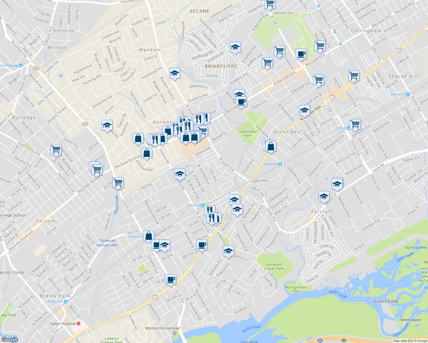 map of restaurants, bars, coffee shops, grocery stores, and more near 219 Leon Avenue in Norwood