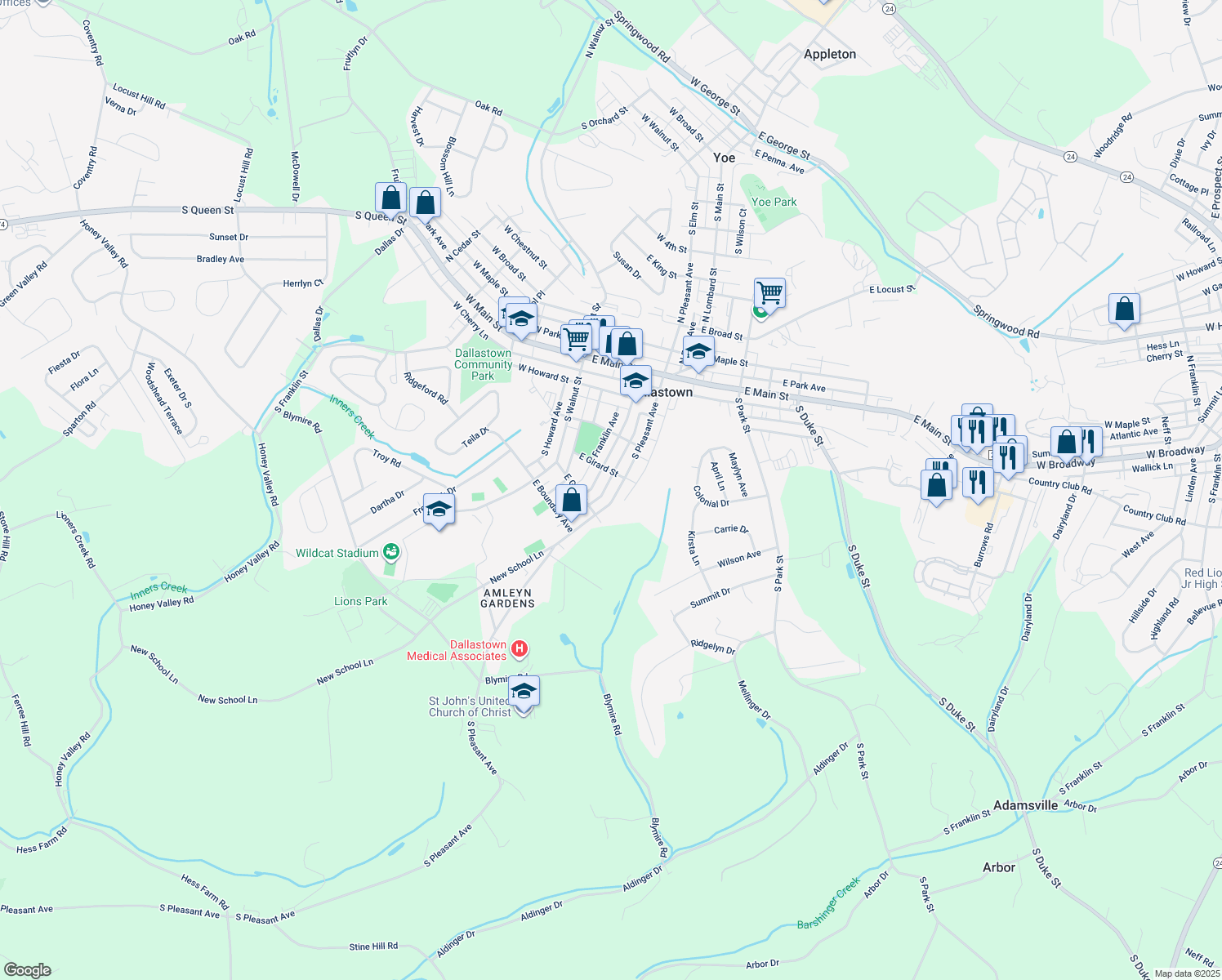 map of restaurants, bars, coffee shops, grocery stores, and more near 324 South Pleasant Avenue in Dallastown
