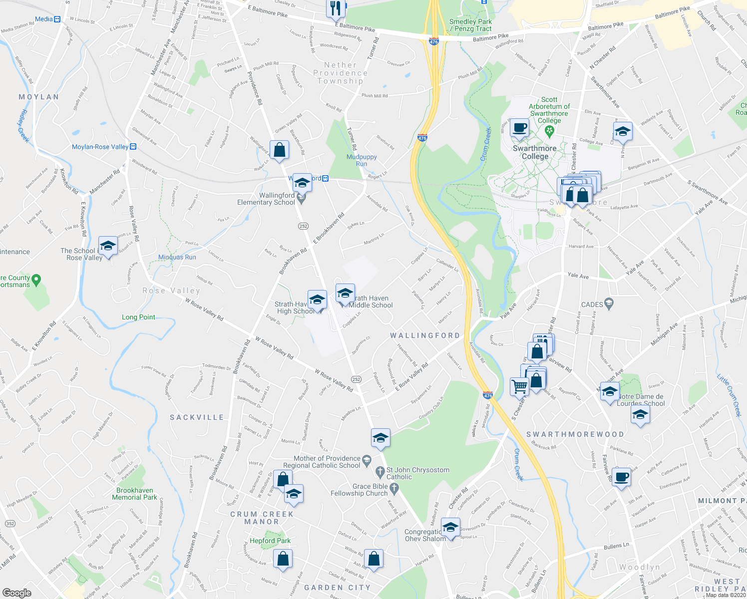 map of restaurants, bars, coffee shops, grocery stores, and more near 202 Copples Ln in Nether Providence Township