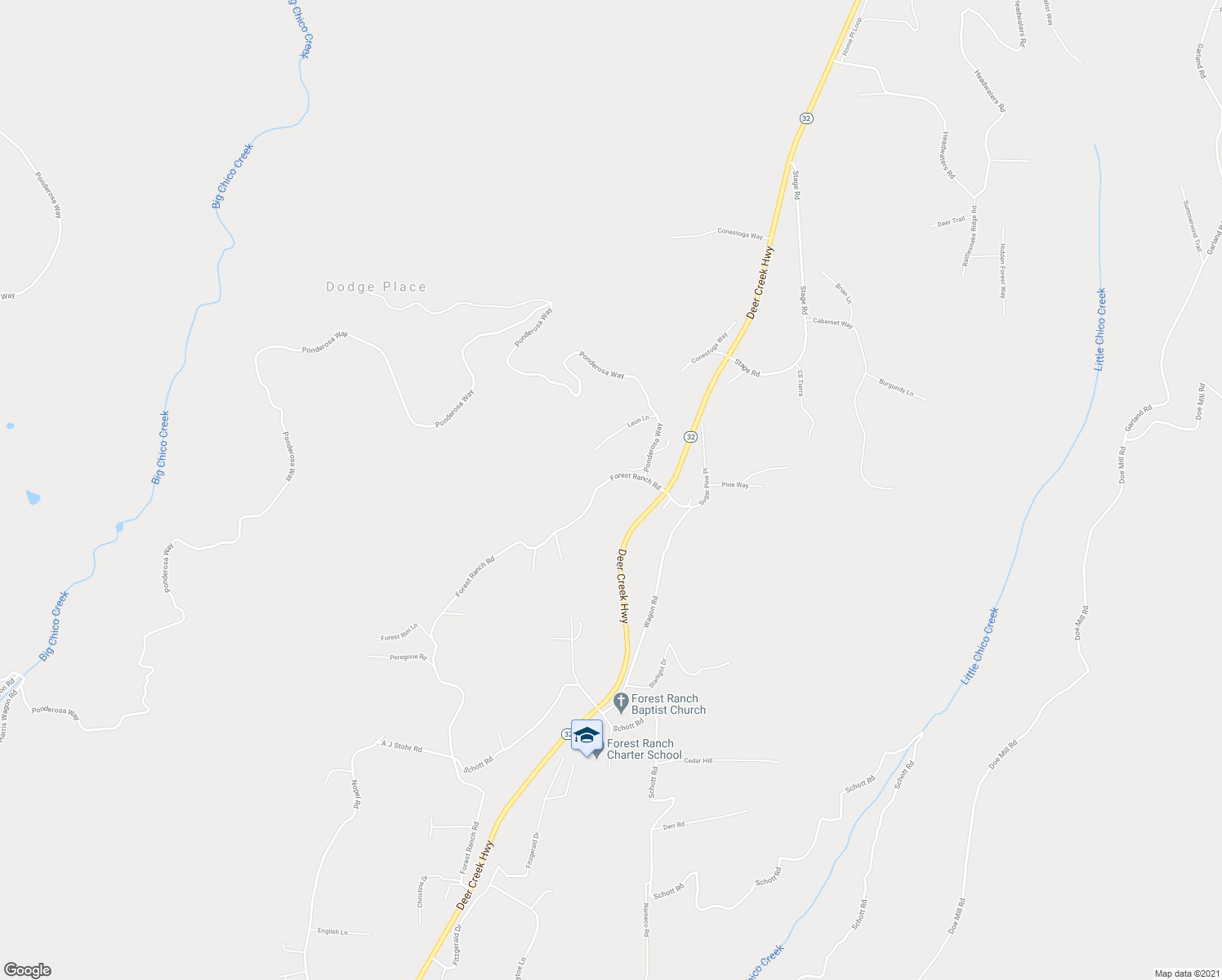 map of restaurants, bars, coffee shops, grocery stores, and more near 16298 Forest Ranch Road in Forest Ranch