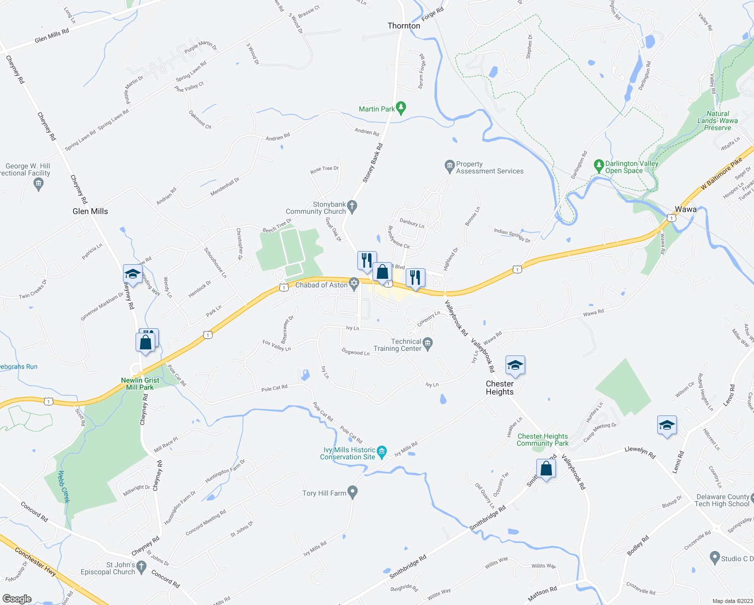 map of restaurants, bars, coffee shops, grocery stores, and more near 2303 Lydia Hollow Drive in Glen Mills