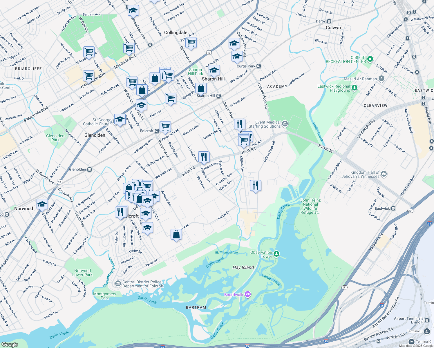 map of restaurants, bars, coffee shops, grocery stores, and more near 1522 Lincoln Avenue in Sharon Hill
