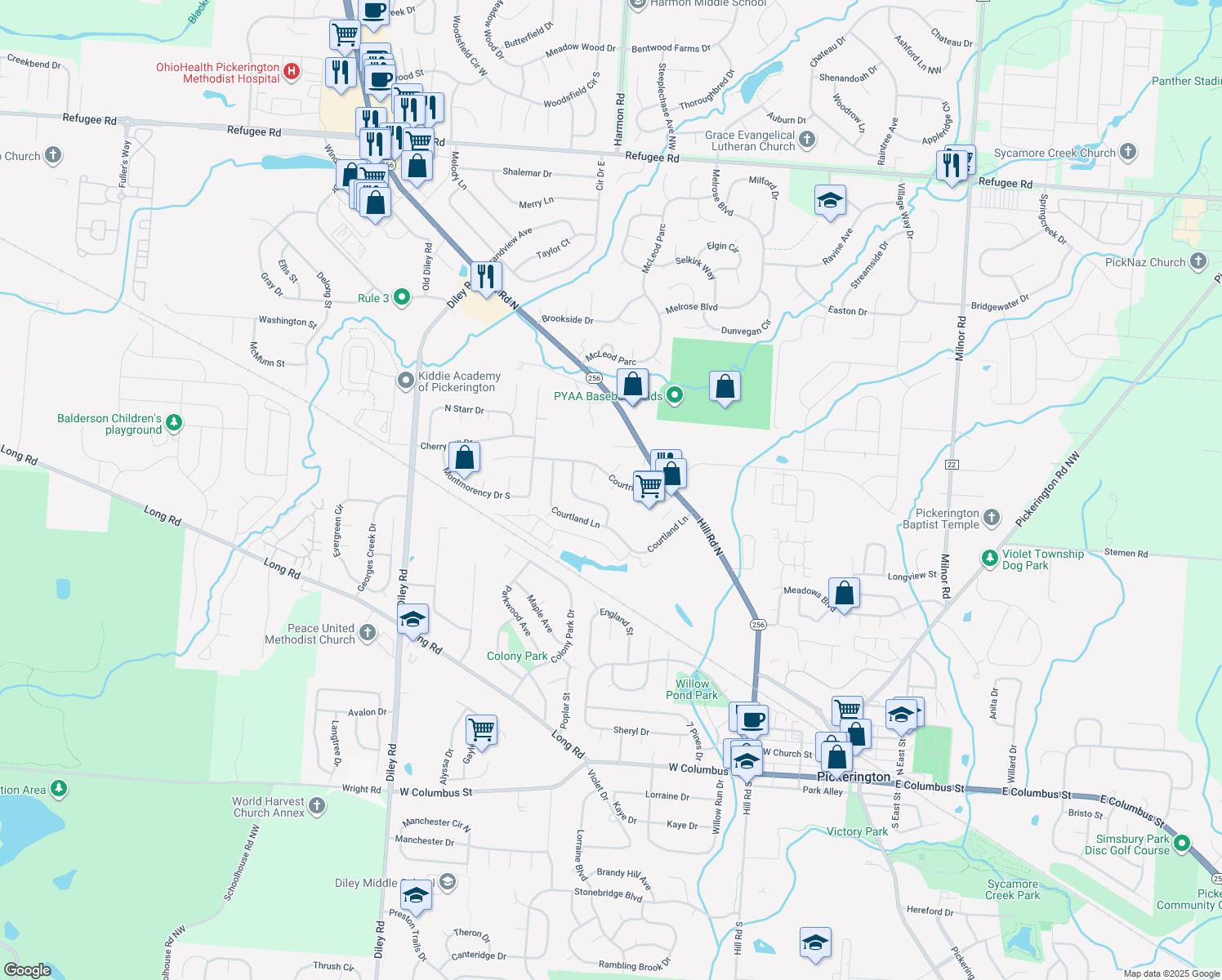 map of restaurants, bars, coffee shops, grocery stores, and more near 433 Chasteen Place in Pickerington