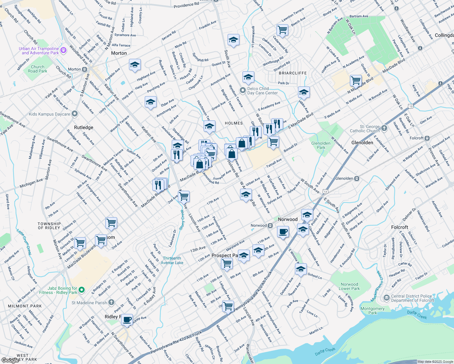 map of restaurants, bars, coffee shops, grocery stores, and more near 114 Norwood Avenue in Holmes