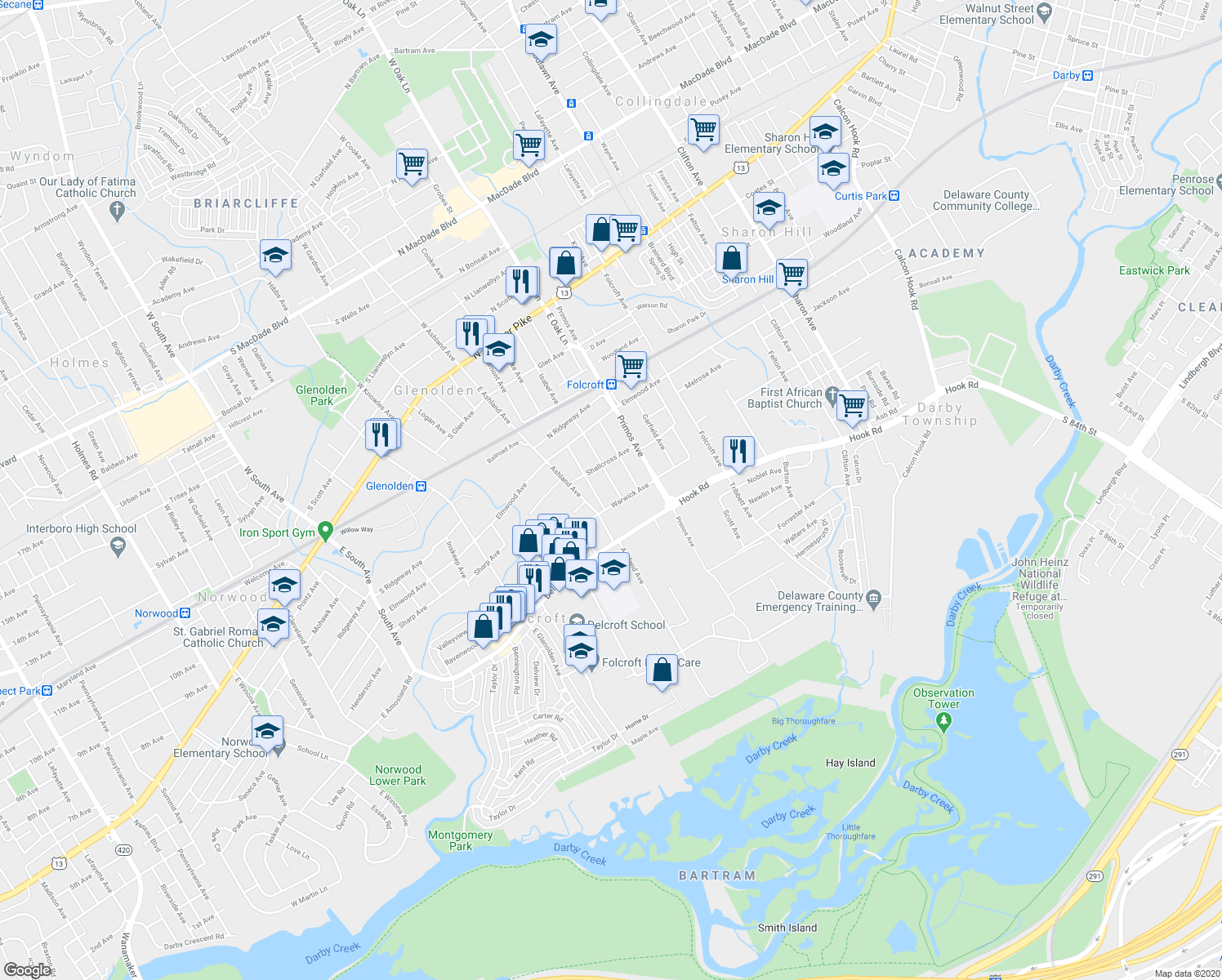 map of restaurants, bars, coffee shops, grocery stores, and more near 530 Charmont Avenue in Folcroft